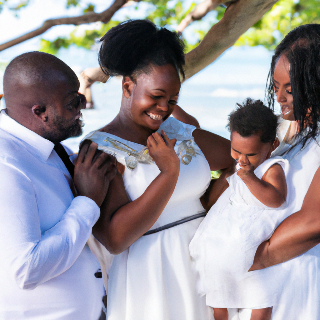 Portrait de famille minimaliste en lin blanc dans un jardin de Martinique